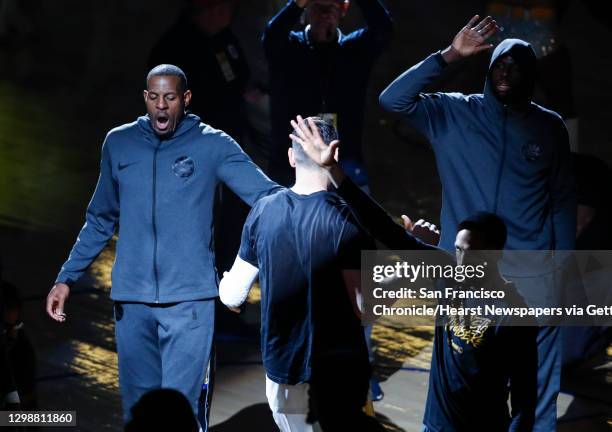 Golden State Warriors Andre Iguodala is seen during introductions before game 1 of the Western Conference Finals between the Golden State Warriors...
