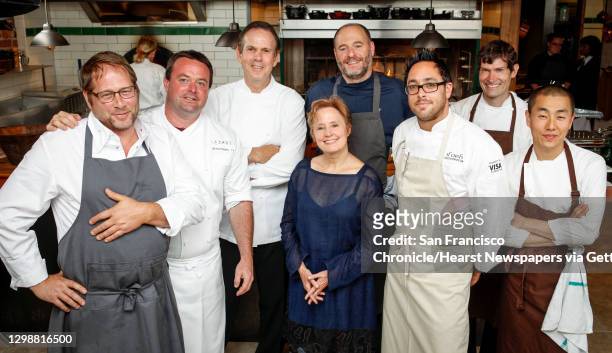 Chefs at four-star restaurants David Kinch of Cyrus, left, Douglas Keane of Cyrus, Thomas Keller of The French Laundry, Alice Waters of Chez Panisse,...
