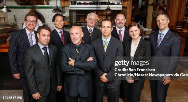 Wine directors at four-star restaurants are Michael Ireland of Restaurant at Meadowood, front row left, Jonathan Waters of Chez Panisse, Kevin Reilly...