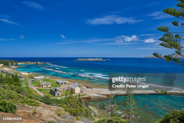 kingston pier and the penal colony ruins viewed from flagstaff hill, norfolk island, australia - norfolk island stock pictures, royalty-free photos & images