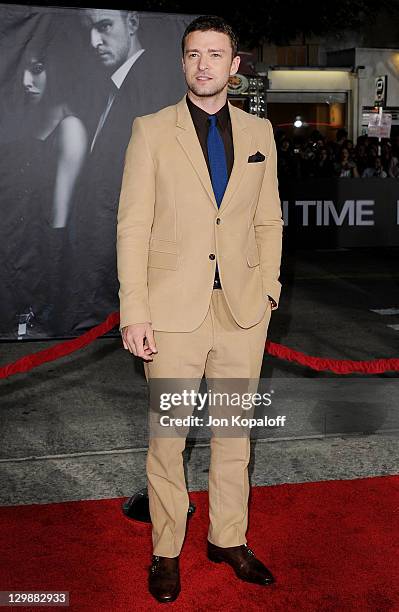 Actor Justin Timberlake arrives at the Los Angeles Premiere "In Time" at Regency Village Theatre on October 20, 2011 in Westwood, California.