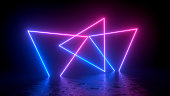 Abstract exhibition background with ultraviolet neon lights, glowing lines