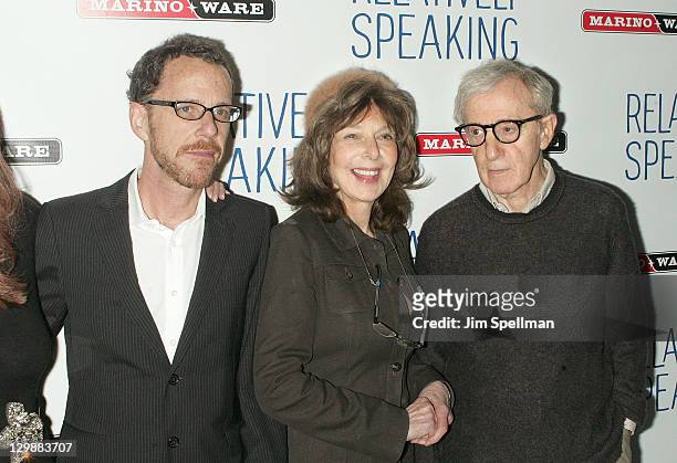 Director Ethan Coen, Elaine May and director Woody Allen attend the "Relatively Speaking" opening night after party at the Brooks Atkinson Theatre on...
