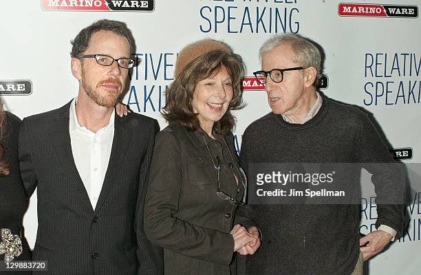 Director Ethan Coen, Elaine May and director Woody Allen attend the "Relatively Speaking" opening night after party at the Brooks Atkinson Theatre on...