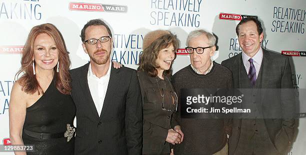 Actress Marlo Thomas, director Ethan Coen, Elaine May, director Woody Allen and actor Steve Guttenberg attend the "Relatively Speaking" opening night...