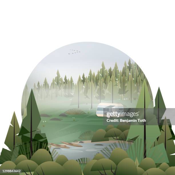 caravan campsite in the forest near a lake - free car vector stock illustrations