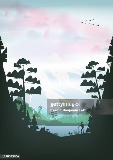 lake with boat in a pine forest, and mountains - lake logo stock illustrations