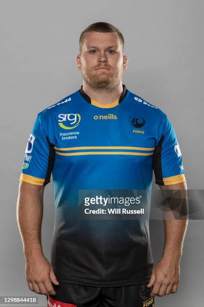 Tom Robertson poses during the Western Force Super Rugby headshots session at Force HQ on January 27, 2021 in Perth, Western Australia.