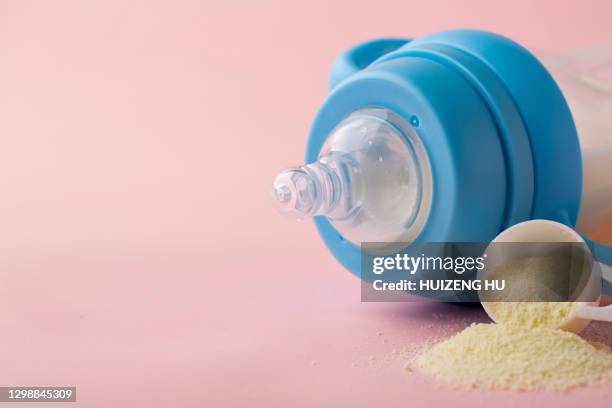 baby milk bottle, baby food. powder in spoon and baby bottle - milk powder stock pictures, royalty-free photos & images