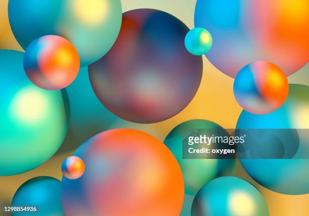 abstract 3d chaotic spheres rendering geometric levitation background. minimalism vibrant orange green yellow fly background - coloured balls stockfoto's en -beelden