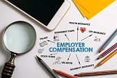 Employer compensation. Salary, Retirement, Insurance and Vacation concept. Chart with keywords and icons