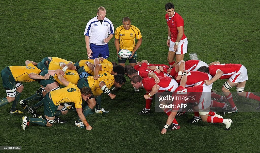 Australia's Wallabies and Wales (R) enga