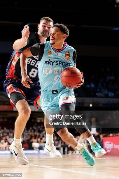 Corey Webster of the Breakers drives to the basket during the round three NBL match between the Adelaide 36ers and the New Zealand Breakers at...