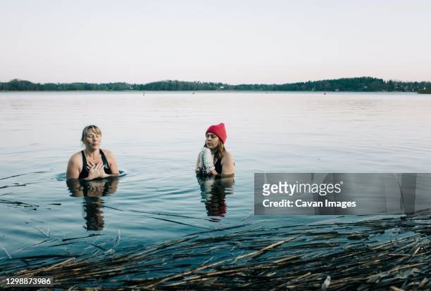 two woman in the calm nordic sea cold water swimming in sweden - river bathing imagens e fotografias de stock