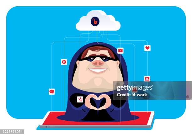 hacker gesturing heart shape with unsafe cloud computing - virtual wellness stock illustrations