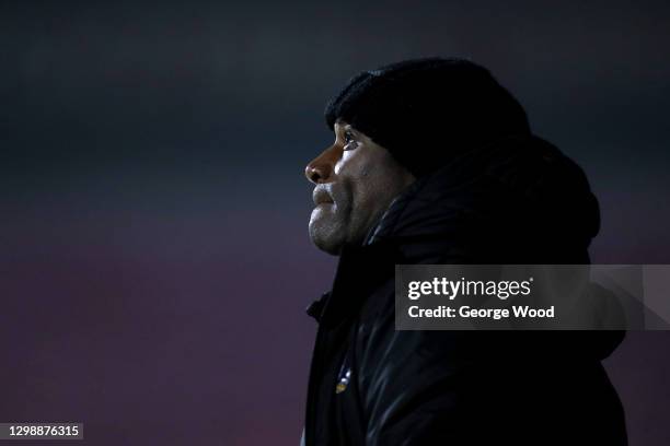 Frank Sinclair, Head of Coaching Development/ Interim Coach of Port Vale looks on during the Sky Bet League Two match between Scunthorpe United and...