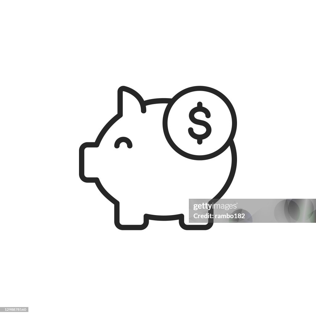 Piggy Bank, Sparlinie Vektor-Symbol. Bearbeitbarer Strich. Pixel perfekt. Für Mobile und Web.