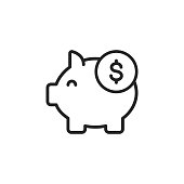 Piggy Bank, Savings Line Vector Icon. Editable Stroke. Pixel Perfect. For Mobile and Web.