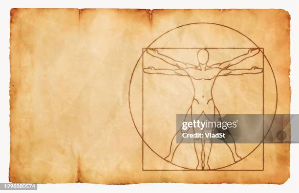 ilustraciones, imágenes clip art, dibujos animados e iconos de stock de vitruvian man tinta sobre papel vintage fondo - leonardo da vinci