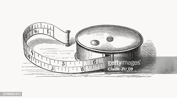 ilustrações de stock, clip art, desenhos animados e ícones de tape measure, wood engraving, published in 1893 - tape measure