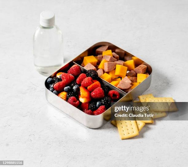 lunch box (berries, cheese, crackers, and salami) and a bottle of water on white background - lunch cheese foto e immagini stock