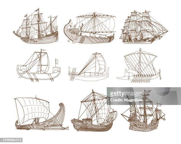 bildbanksillustrationer, clip art samt tecknat material och ikoner med gamla segelfartyg doodles set - 16th century style
