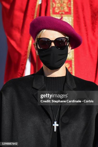 Princess Charlene of Monaco attends the Sainte Devote Ceremony at the Monaco Cathedral on January 27, 2021 in Monaco, Monaco. Sainte devote is the...