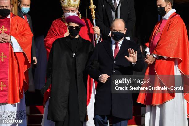 Princess Charlene of Monaco and Prince Albert II of Monaco attend the Sainte Devote Ceremony at the Monaco Cathedral on January 27, 2021 in Monaco,...