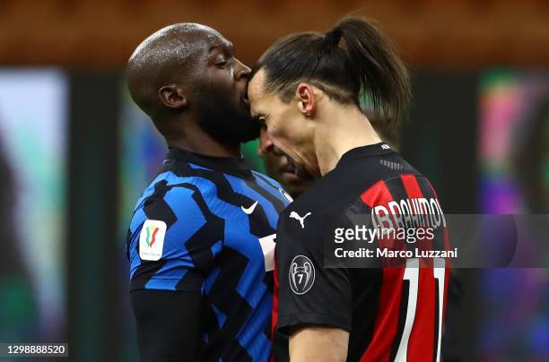 Romelu Lukaku of FC Internazionale clashes with Zlatan Ibrahimovic of AC Milan during the Coppa Italia match between FC Internazionale and AC Milan...