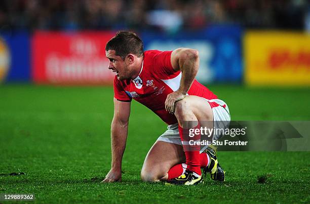 Dejected Wales wing Shane Williams looks on after the 2011 IRB Rugby World Cup bronze final match between Wales and Australia at Eden Park on October...