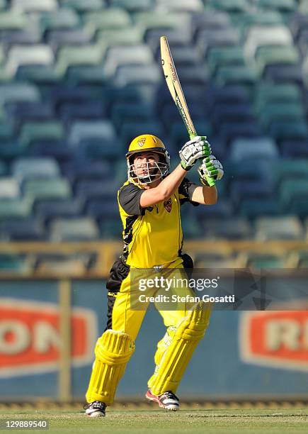 Avril Fahey of the Fury bats during the Women's Twenty20 match between the West Australia Fury and the New South Wales Breakers at WACA on October...