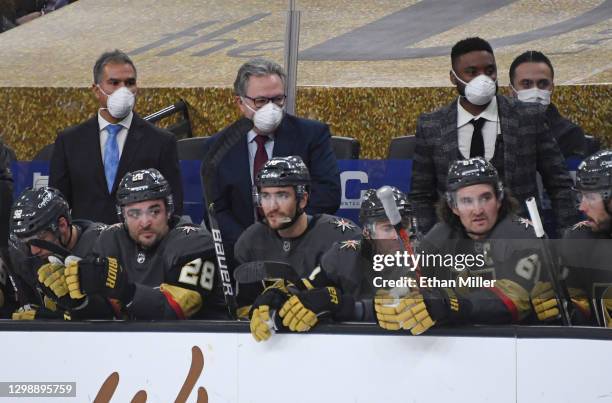 Head coach Manny Viveiros of the Henderson Silver Knights, general manager Kelly McCrimmon of the Vegas Golden Knights and assistant coach Joel Ward...