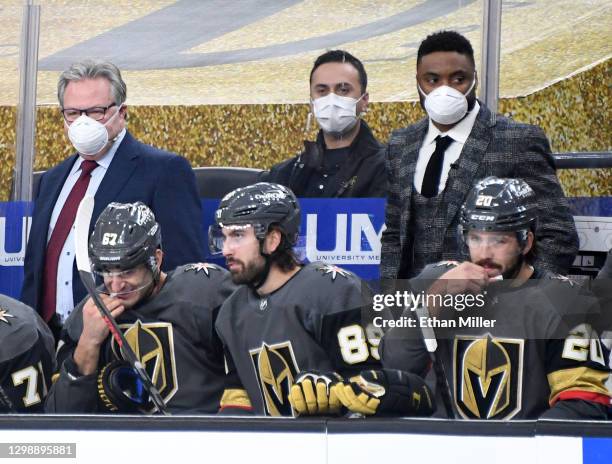 General manager Kelly McCrimmon of the Vegas Golden Knights and assistant coach Joel Ward of the Henderson Silver Knights handle bench duties in the...