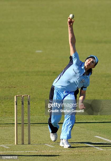 Sharon Millanta of the Breakers bowls during the Women's Twenty20 match between the West Australia Fury and the New South Wales Breakers at WACA on...