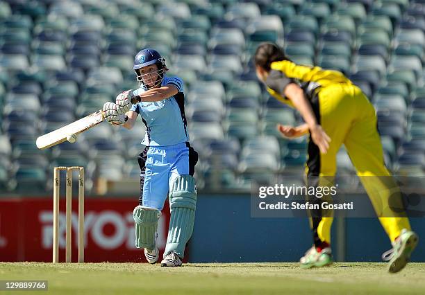 Sarah Coyte of the Breakers bats during the Women's Twenty20 match between the West Australia Fury and the New South Wales Breakers at WACA on...