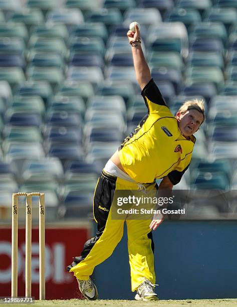 Nicky Shaw of the Fury bowls during the Women's Twenty20 match between the West Australia Fury and the New South Wales Breakers at WACA on October...