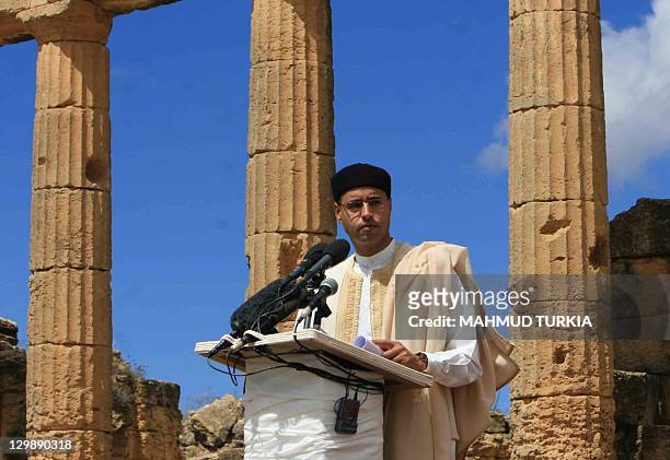 Saif al-Islam Kadhafi, son of Libyan leader Moammar Kadhafi, delivers a speech during the ceremony of the declaration of a sustainable environmental...