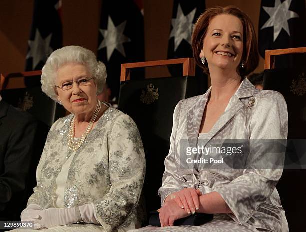 Queen Elizabeth II and Australian Prime Minister Julia Gillard attend a Parliamentary Reception at Parliament House on October 21, 2011 in Canberra,...