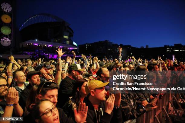 Fans cheer as newly reunited band Jawbreaker performs on the Amazon Main Stage on day two of the second annual Upstream Music Fest + Summit, which...