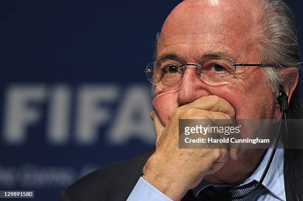 President, Sepp Blatter delivers a speech during a press conference after held the FIFA Executive Committee Meeting at the FIFA headquarters on...
