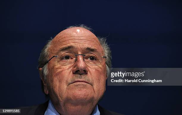 President, Sepp Blatter delivers a speech during a press conference after held the FIFA Executive Committee Meeting at the FIFA headquarters on...