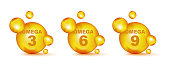 Set of gold drops icons Omega Three, Six And Nine. Polyunsaturated fatty Omega-3, Omega-6, Omega-9. Natural Fish, Organic Vitamin, Nutrient. Omega Fatty Acid, EPA, DHA. Vitamin drop pill capsule