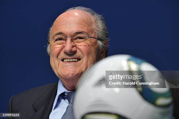 President, Sepp Blatter delivers a speech during a press conference held after the FIFA Executive Committee Meeting at the FIFA headquarters on...