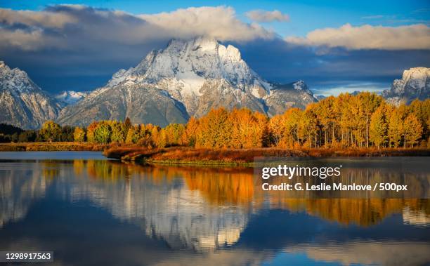 scenic view of lake by trees against sky - grand teton national park stock-fotos und bilder