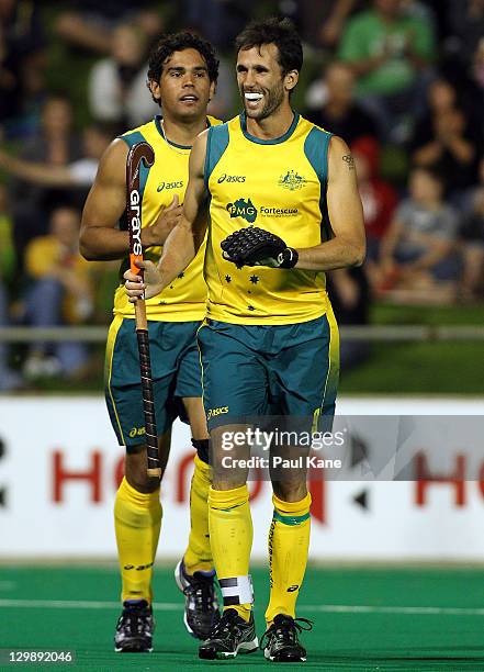 Mark Knowles of Australia celebrates a goal during the match between Australia and New Zealand on day two of the International Superseries at Perth...