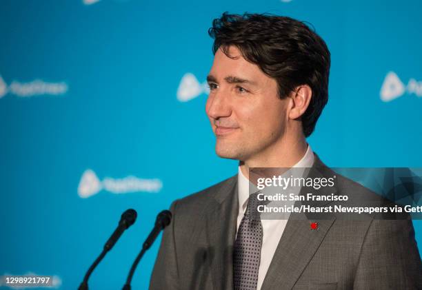 Canadian Prime Minister Justin Trudeau speaks during a visit to the AppDirect office Thursday, Feb. 8, 2018 in San Francisco, Calif.