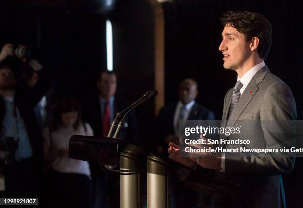 Canadian Prime Minister Justin Trudeau speaks during a visit to the AppDirect office Thursday, Feb. 8, 2018 in San Francisco, Calif.