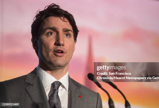 Canadian Prime Minister Justin Trudeau speaks during a visit to the AppDirect office Thursday, Feb. 8, 2018 in San Francisco, Calif.