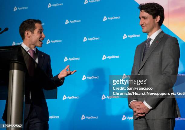 AppDirect President and Co-CEO Daniel Saks introduces to Canadian Prime Minister Justin Trudeau during a visit to the AppDirect office Thursday, Feb....