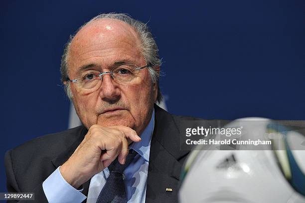 President, Sepp Blatter looks on as he delivers a speech during a press conference held after the FIFA Executive Committee Meeting at the FIFA...